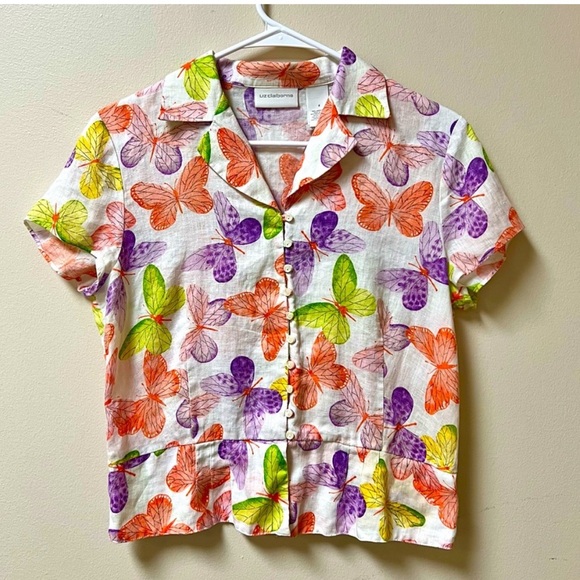 Liz Claiborne Tops - Liz Claiborne Vintage Butterfly Print Button-Up Linen Peplum Blouse - Size 4
